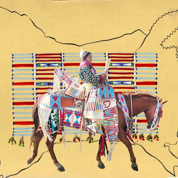 Native american art of a Native American on a brown horse.